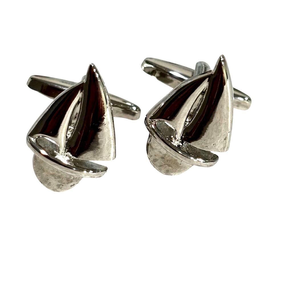 Sail boat shaped silver tone cufflinks nautical theme cuff links for man